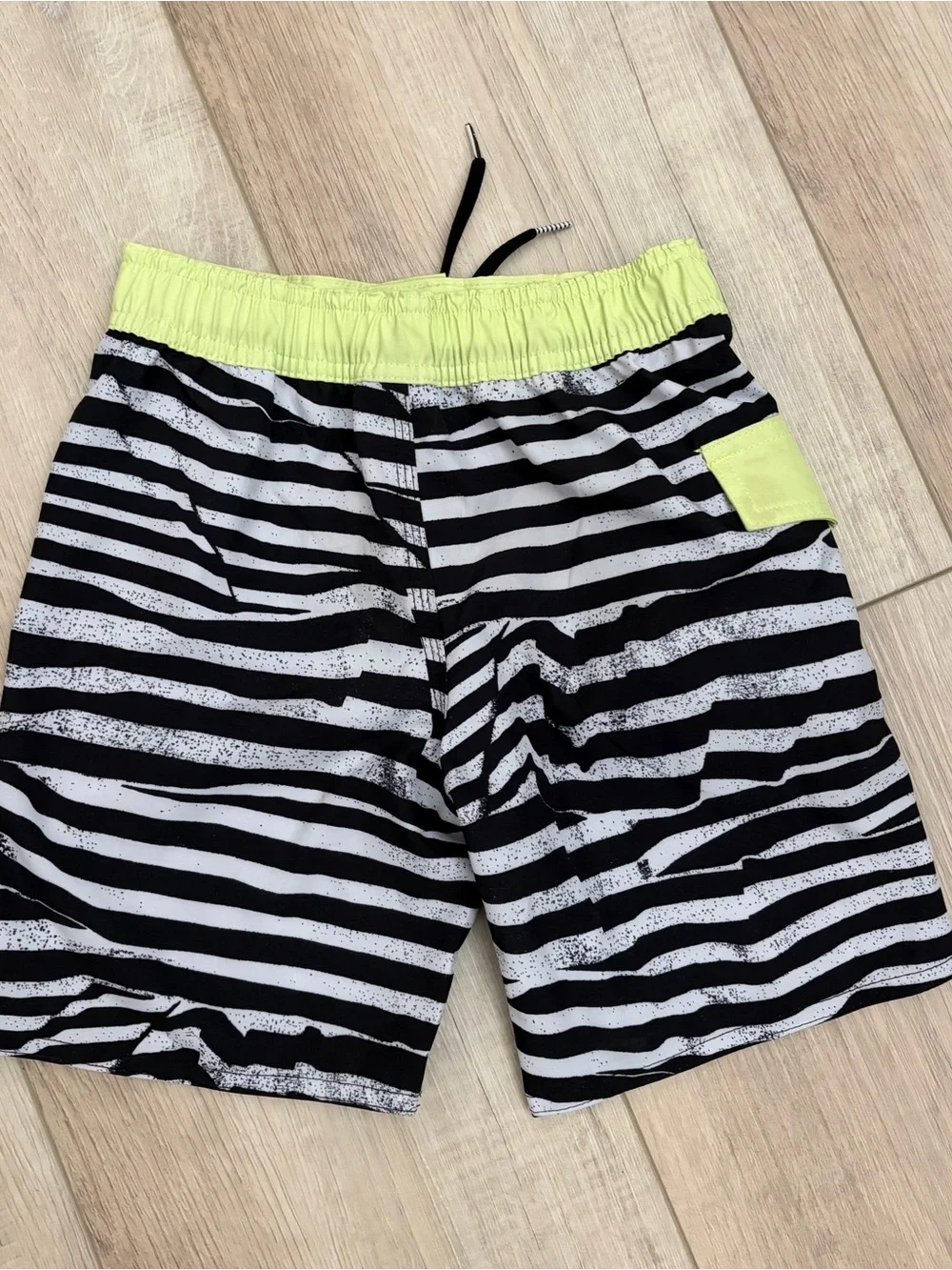 Volcom Men’s Black & White Striped Board Shorts with Lime Waistband